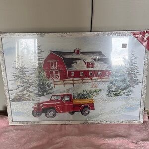 Red Barn and Truck Winter Scene Wall Art Lights Up